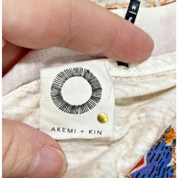 Anthropologie Akemi + Kin Top M Short Sleeve Beige Orange Embroidered Boho Chic - Picture 9 of 11